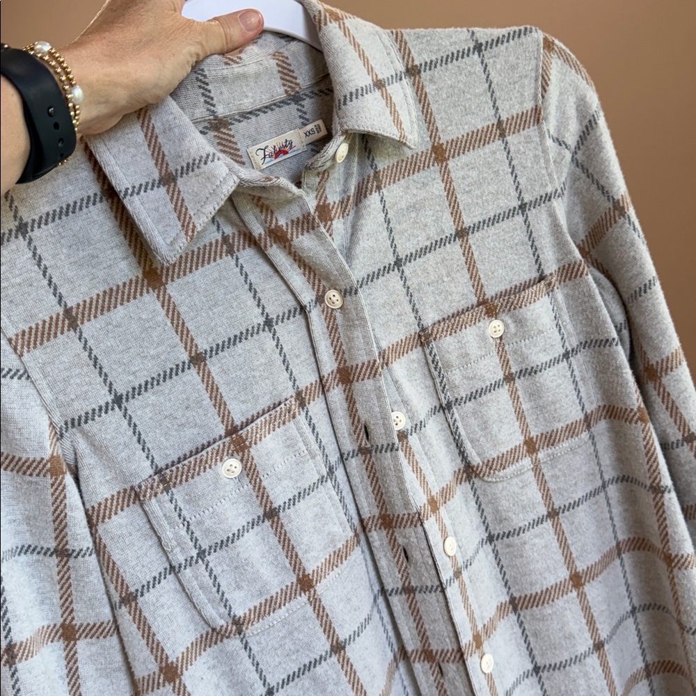 Faherty Button-Up Plaid Sweater Shirt in Light Gray and Camel - Picture 3 of 3
